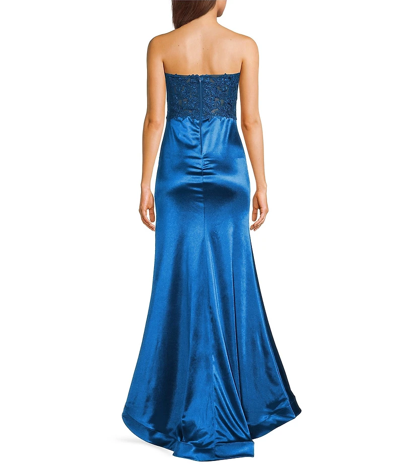 City Vibe Strapless Sweetheart Neck Applique Bodice Side Ruched Long Dress