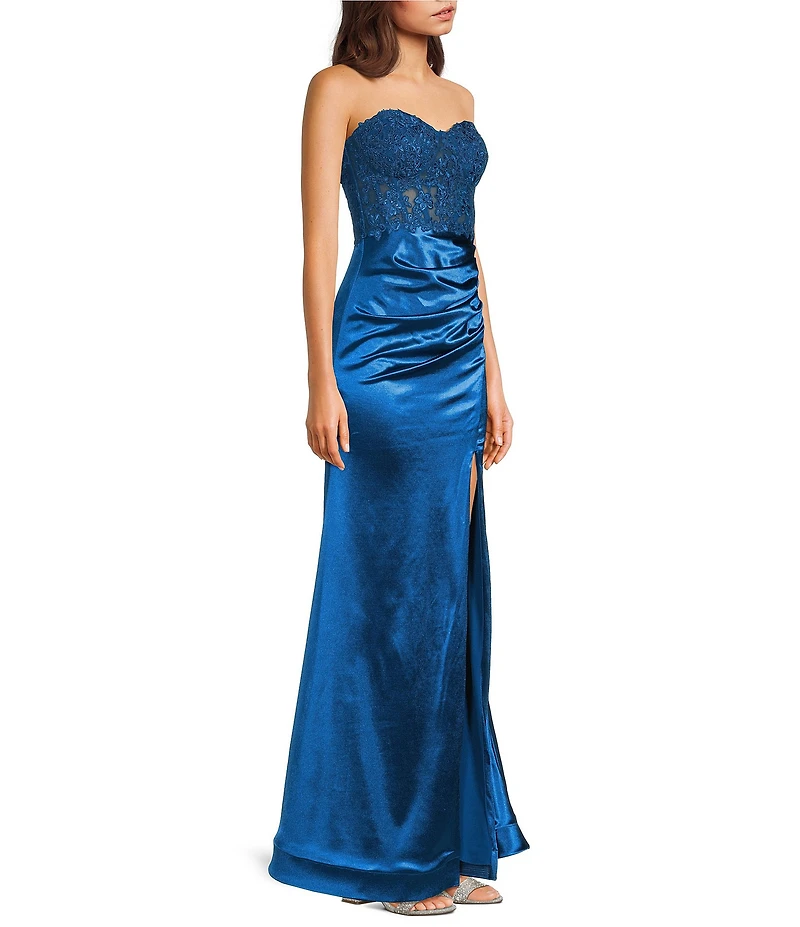 City Vibe Strapless Sweetheart Neck Applique Bodice Side Ruched Long Dress