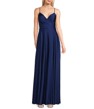 City Vibe Surplice Bodice Faux Wrap Side Slit Long Dress