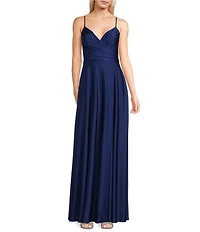 City Vibe Surplice Bodice Faux Wrap Side Slit Long Dress