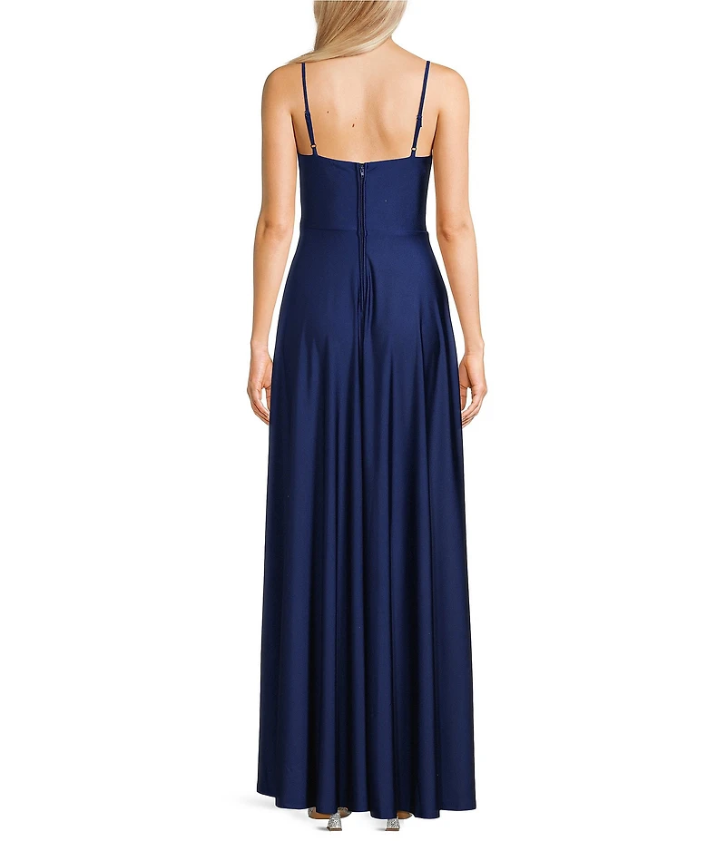 City Vibe Surplice Bodice Faux Wrap Side Slit Long Dress