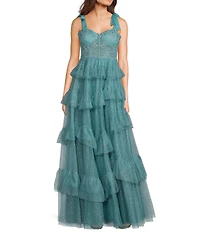City Vibe Sweetheart Neck Bustier Tie Strap Illusion Corset Waist Embroidered Applique Ruffled Dress