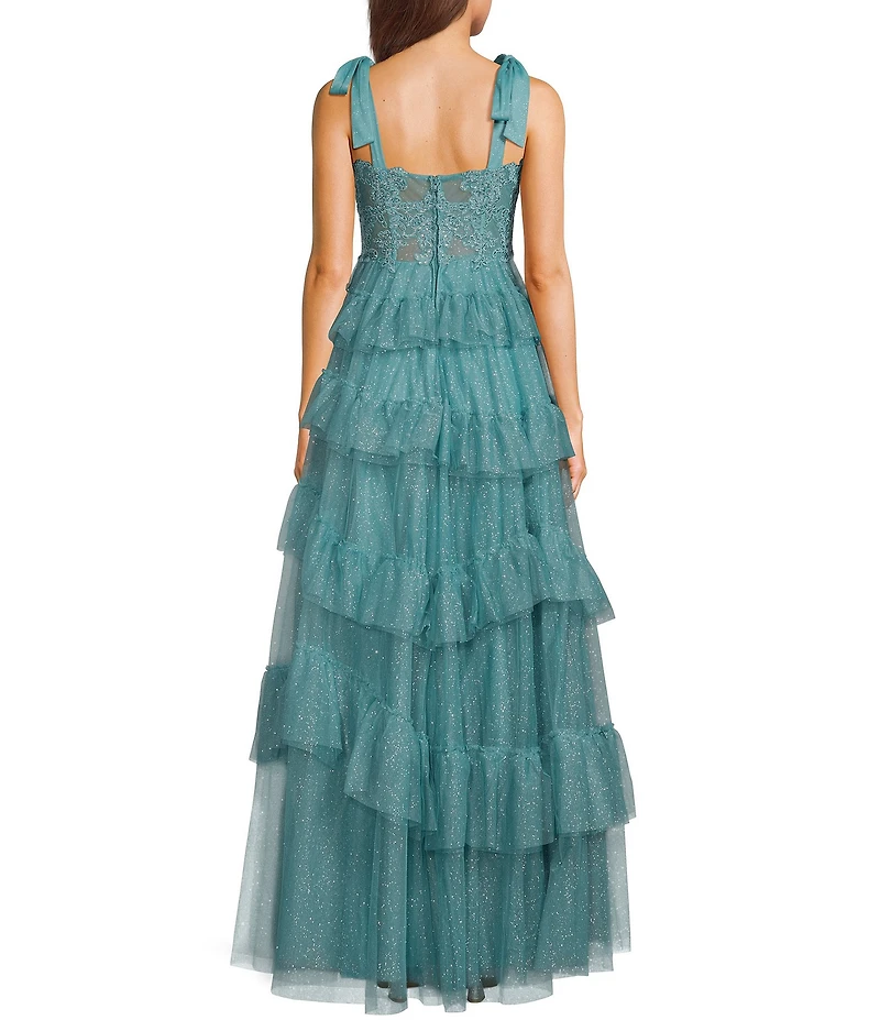 City Vibe Sweetheart Neck Bustier Tie Strap Illusion Corset Waist Embroidered Applique Ruffled Dress