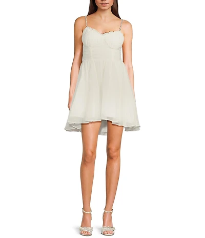 City Vibe Sweetheart Neck Jeweled Spaghetti Strap Bustier Bodice Shirred High-Low Dress