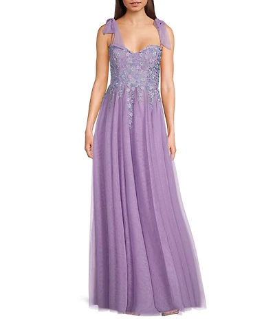 City Vibe Sweetheart Neck Spaghetti Tie Straps Embroidered Applique Bodice Side Slit Gown