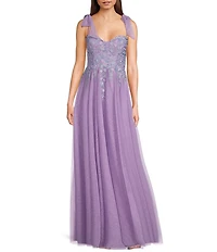 City Vibe Sweetheart Neck Spaghetti Tie Straps Embroidered Applique Bodice Side Slit Gown