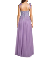 City Vibe Sweetheart Neck Spaghetti Tie Straps Embroidered Applique Bodice Side Slit Gown