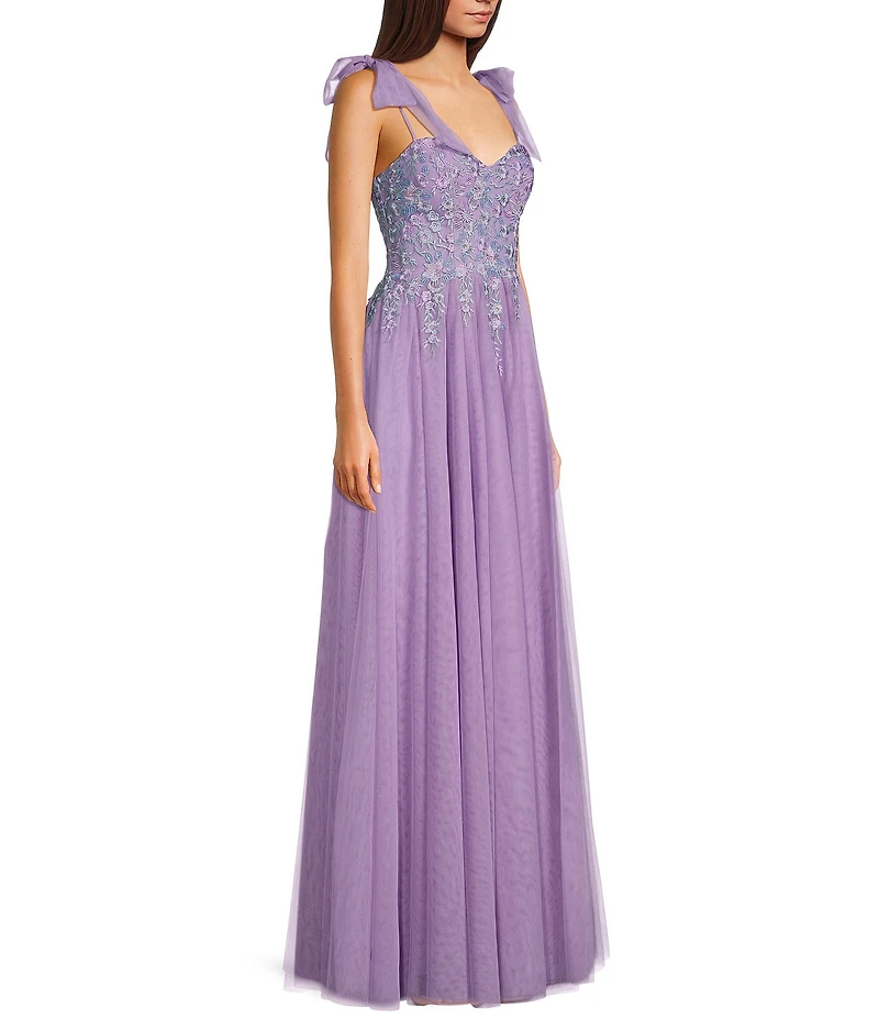 City Vibe Sweetheart Neck Spaghetti Tie Straps Embroidered Applique Bodice Side Slit Gown