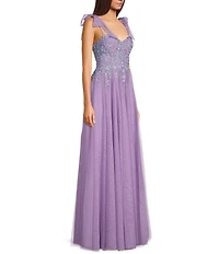 City Vibe Sweetheart Neck Spaghetti Tie Straps Embroidered Applique Bodice Side Slit Gown