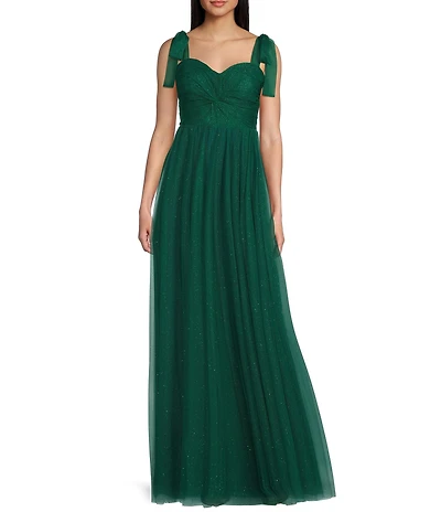 City Vibe Sweetheart Neck Twist Front Tie Straps Illusion Back Shirred Ballgown