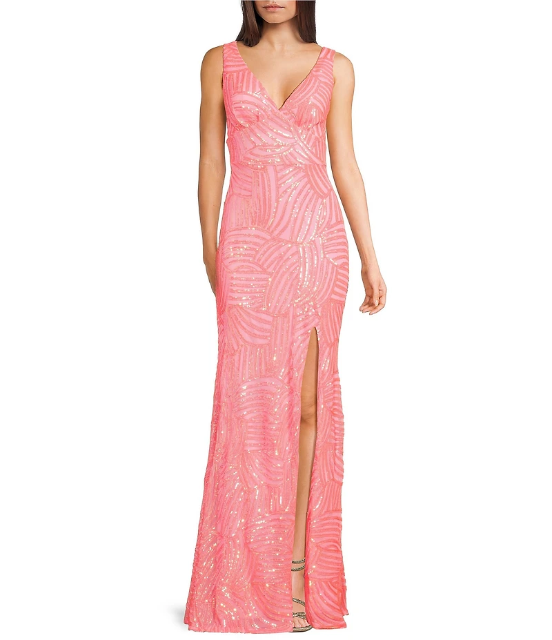 City Vibe V-Neck Sleeveless Sequin Pattern Open Back Side Slit Dress