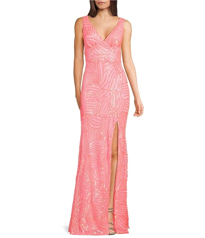 City Vibe V-Neck Sleeveless Sequin Pattern Open Back Side Slit Dress