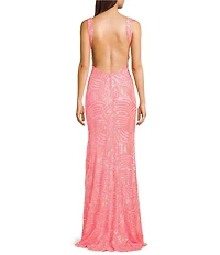 City Vibe V-Neck Sleeveless Sequin Pattern Open Back Side Slit Dress