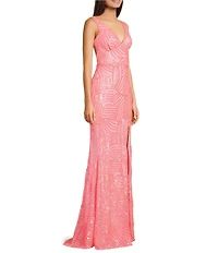 City Vibe V-Neck Sleeveless Sequin Pattern Open Back Side Slit Dress