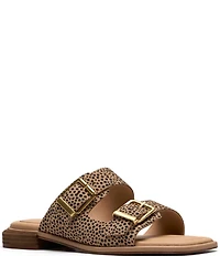 Clarks Artisan Ariany Bay Animal Print Suede Double Banded Buckle Slide Sandals