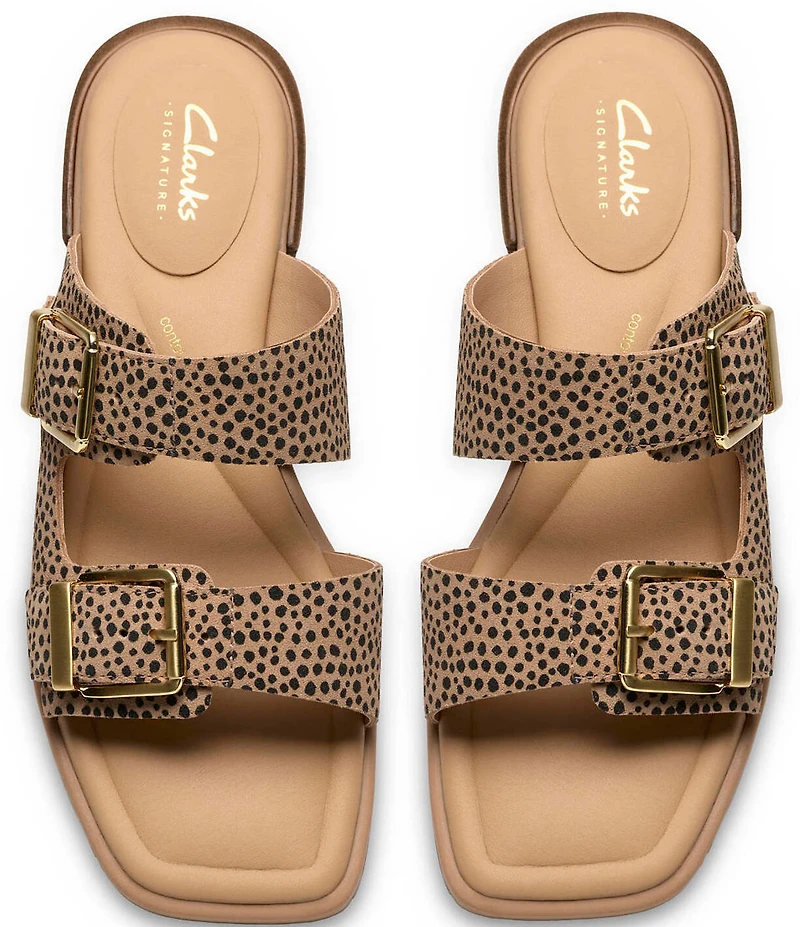 Clarks Artisan Ariany Bay Animal Print Suede Double Banded Buckle Slide Sandals