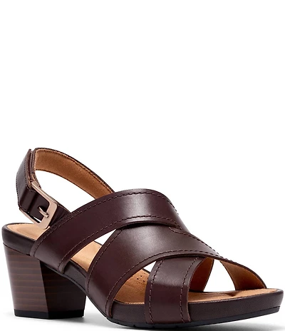 Clarks Artisan Kymber Shine Leather Block Heel Slingback Sandals
