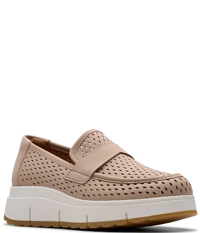 Clarks Artisan Loriini Edge Nubuck Suede Perforated Platform Wedge Loafers