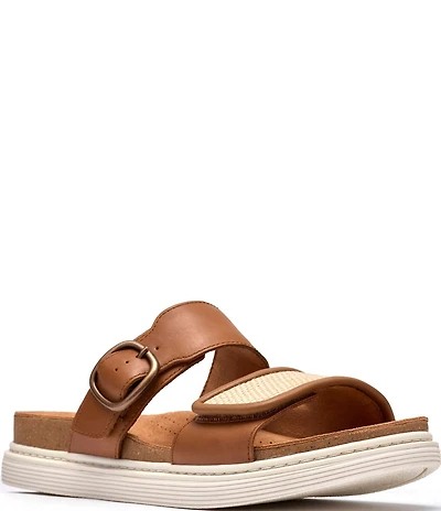 Clarks Artisan Arwell Step Leather Raffia Banded Slide Sandals