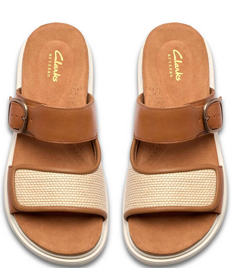 Clarks Artisan Arwell Step Leather Raffia Banded Slide Sandals