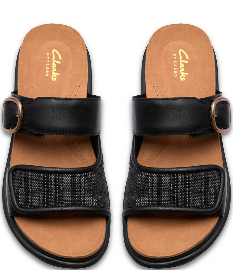 Clarks Artisan Arwell Step Leather Raffia Banded Slide Sandals