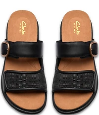 Clarks Artisan Arwell Step Leather Raffia Banded Slide Sandals