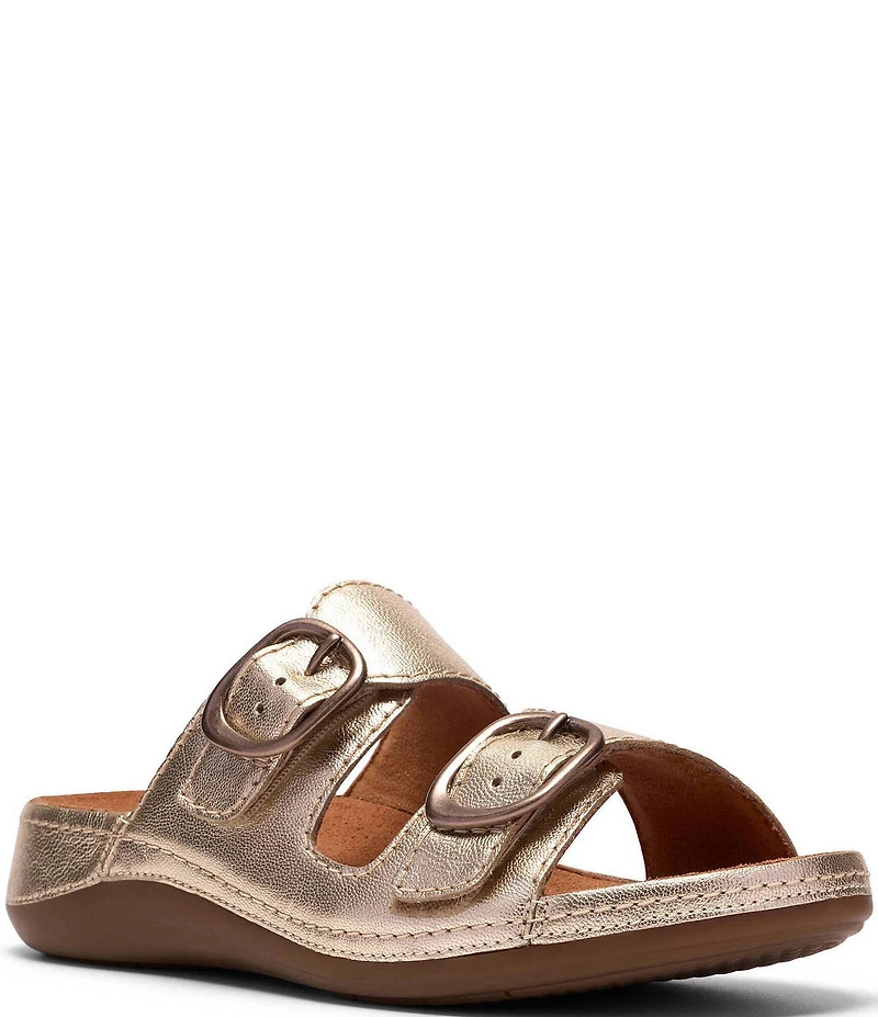 Clarks Cecily Step Metallic Leather Slide Sandals