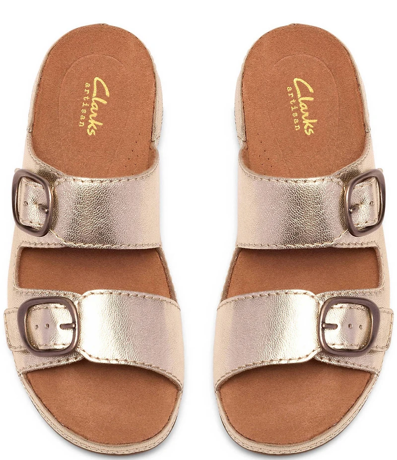 Clarks Cecily Step Metallic Leather Slide Sandals