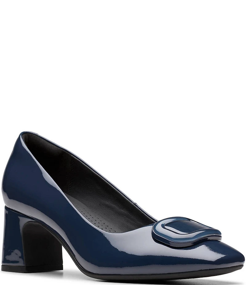 Clarks Signature Fernie Trim Patent Leather Ornamented Block Heel Square Toe Pumps