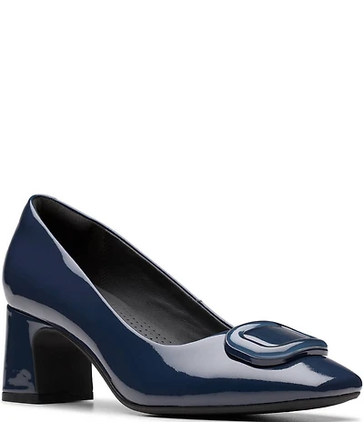 Clarks Signature Fernie Trim Patent Leather Ornamented Block Heel Square Toe Pumps
