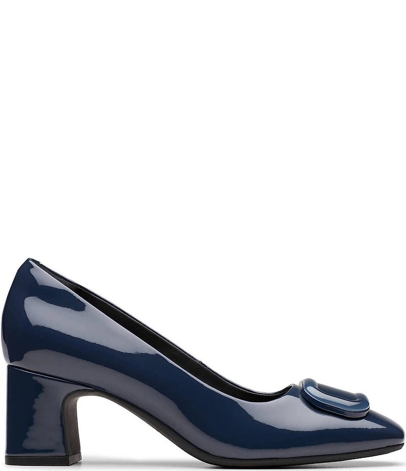 Clarks Signature Fernie Trim Patent Leather Ornamented Block Heel Square Toe Pumps