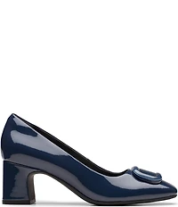 Clarks Signature Fernie Trim Patent Leather Ornamented Block Heel Square Toe Pumps