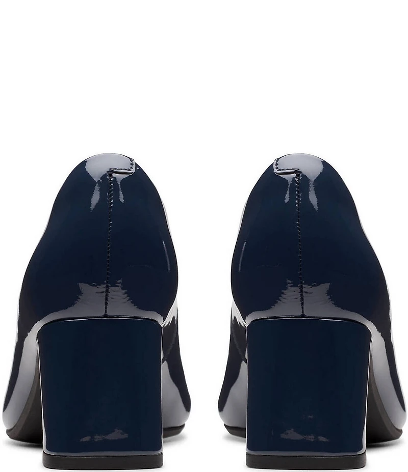 Clarks Signature Fernie Trim Patent Leather Ornamented Block Heel Square Toe Pumps