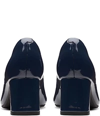 Clarks Signature Fernie Trim Patent Leather Ornamented Block Heel Square Toe Pumps