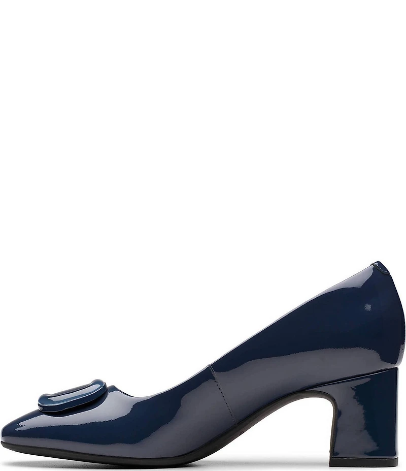 Clarks Signature Fernie Trim Patent Leather Ornamented Block Heel Square Toe Pumps