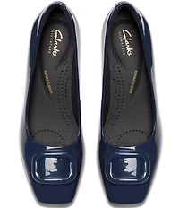 Clarks Signature Fernie Trim Patent Leather Ornamented Block Heel Square Toe Pumps
