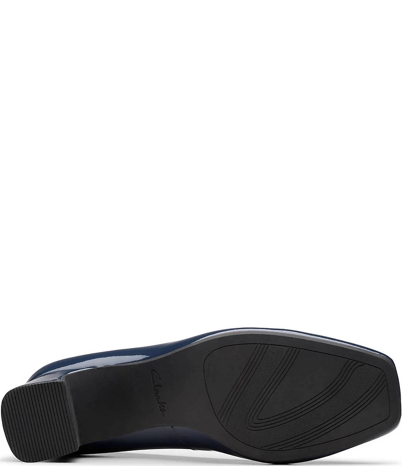 Clarks Signature Fernie Trim Patent Leather Ornamented Block Heel Square Toe Pumps