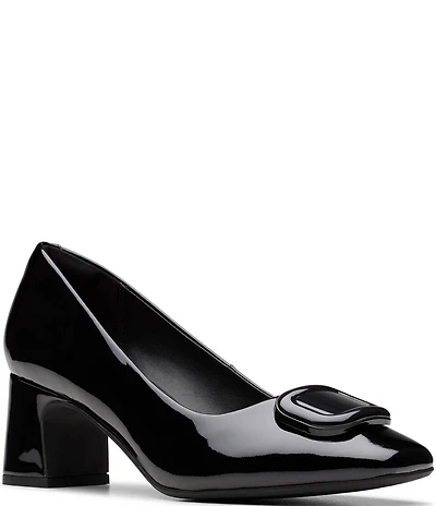 Clarks Signature Fernie Trim Patent Leather Ornamented Block Heel Square Toe Pumps