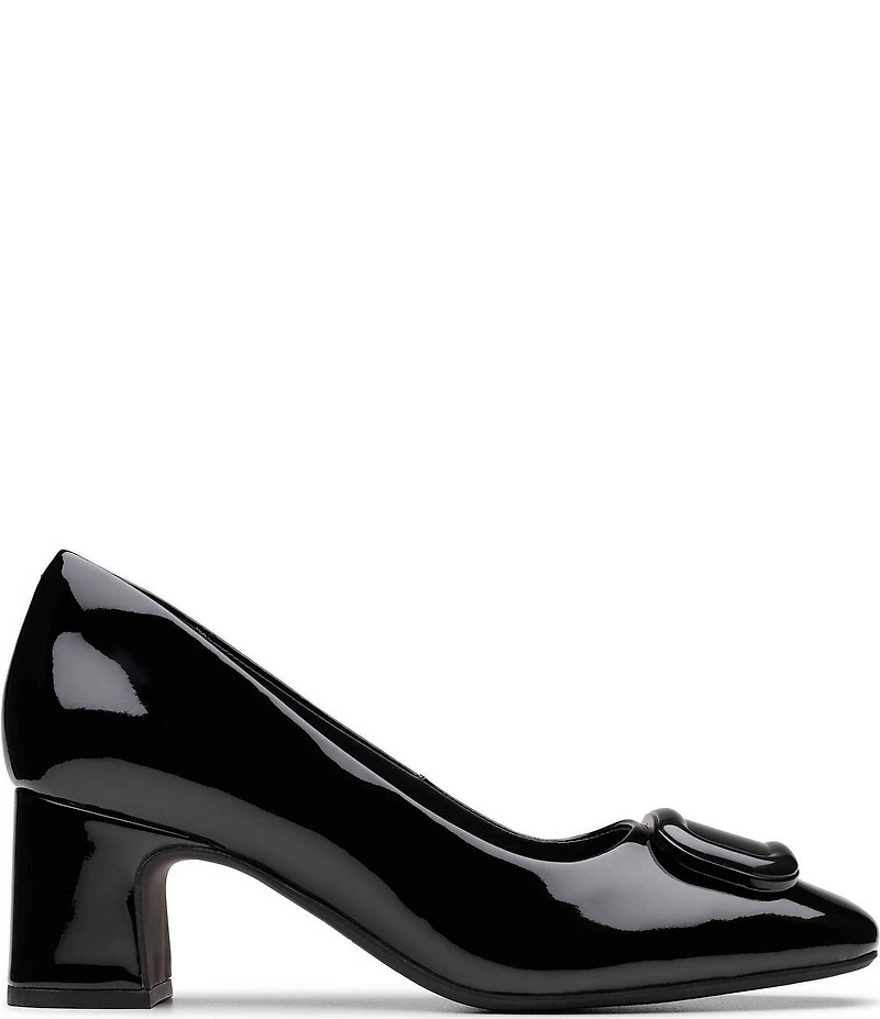 Clarks Signature Fernie Trim Patent Leather Ornamented Block Heel Square Toe Pumps