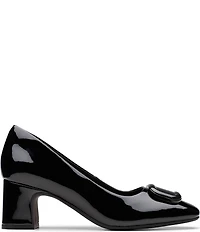 Clarks Signature Fernie Trim Patent Leather Ornamented Block Heel Square Toe Pumps