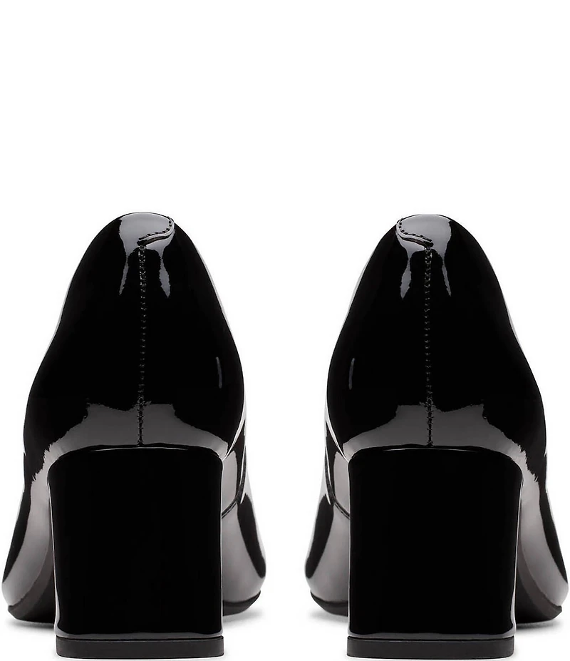 Clarks Signature Fernie Trim Patent Leather Ornamented Block Heel Square Toe Pumps
