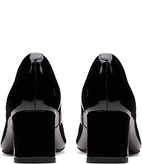 Clarks Signature Fernie Trim Patent Leather Ornamented Block Heel Square Toe Pumps