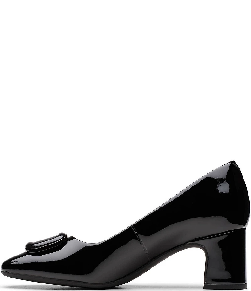 Clarks Signature Fernie Trim Patent Leather Ornamented Block Heel Square Toe Pumps