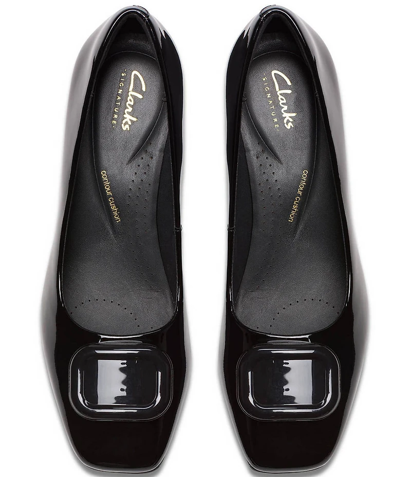 Clarks Signature Fernie Trim Patent Leather Ornamented Block Heel Square Toe Pumps