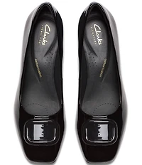 Clarks Signature Fernie Trim Patent Leather Ornamented Block Heel Square Toe Pumps