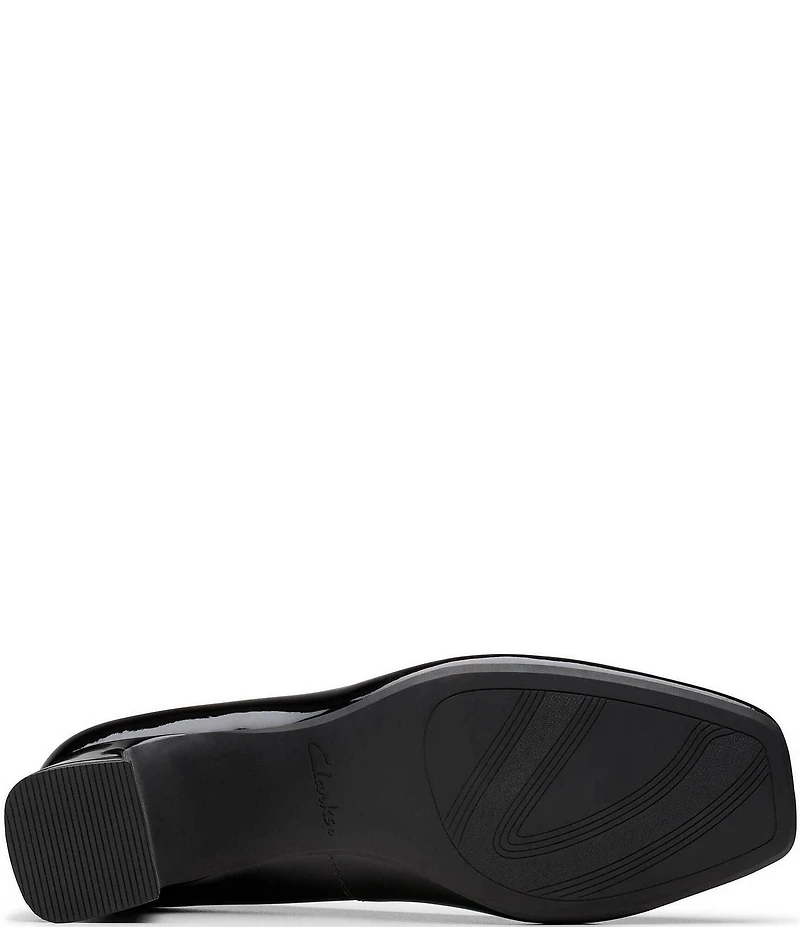 Clarks Signature Fernie Trim Patent Leather Ornamented Block Heel Square Toe Pumps