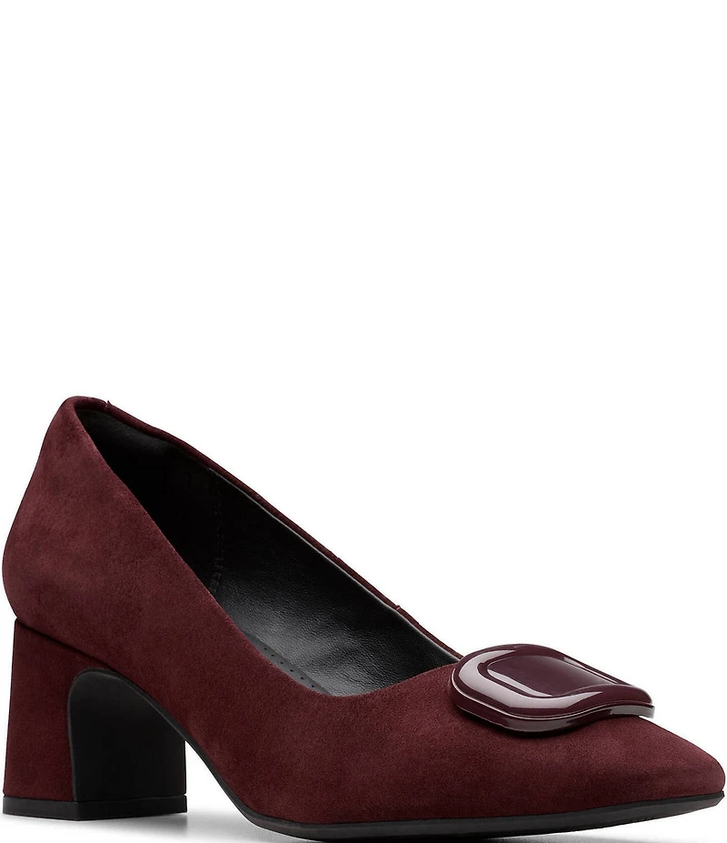 Clarks Signature Fernie Trim Suede Ornamented Block Heel Square Toe Pumps