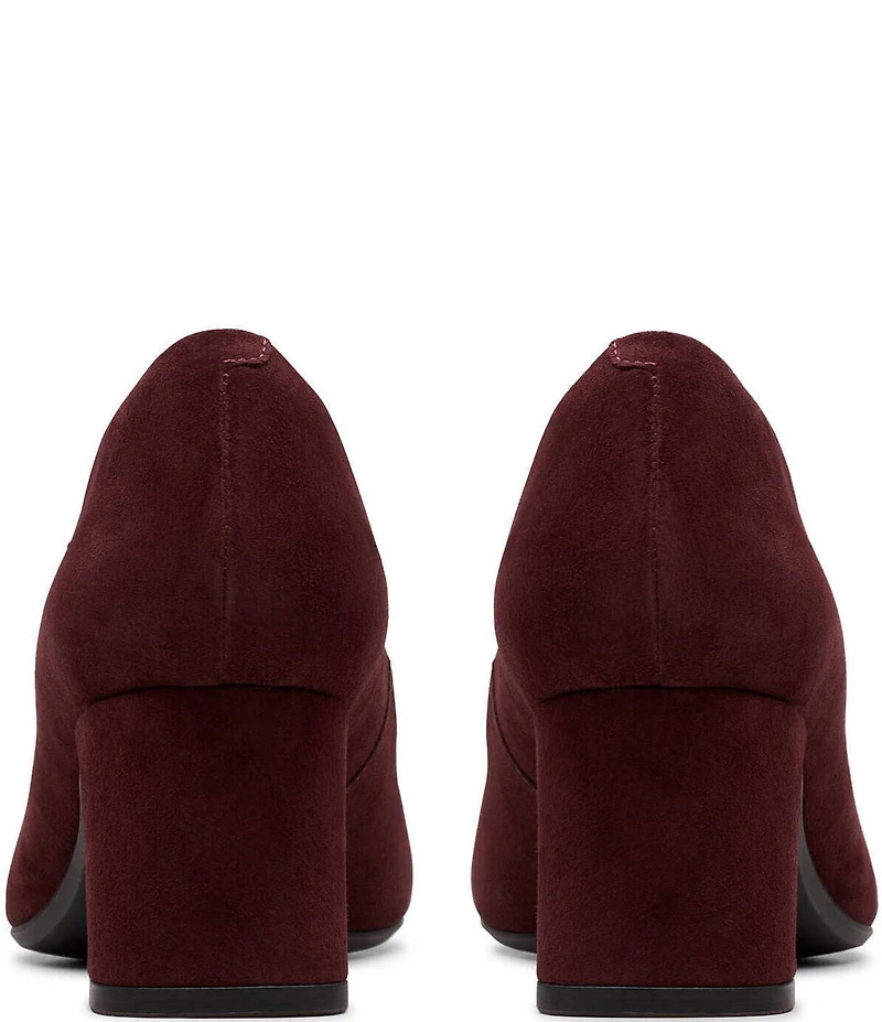 Clarks Signature Fernie Trim Suede Ornamented Block Heel Square Toe Pumps