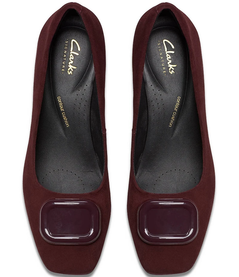 Clarks Signature Fernie Trim Suede Ornamented Block Heel Square Toe Pumps