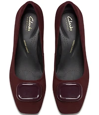 Clarks Signature Fernie Trim Suede Ornamented Block Heel Square Toe Pumps